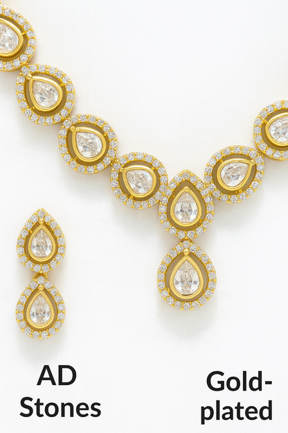 Royal Gold-Tone Kundan Style Necklace & Earrings Set with Pear-Shaped Motifs