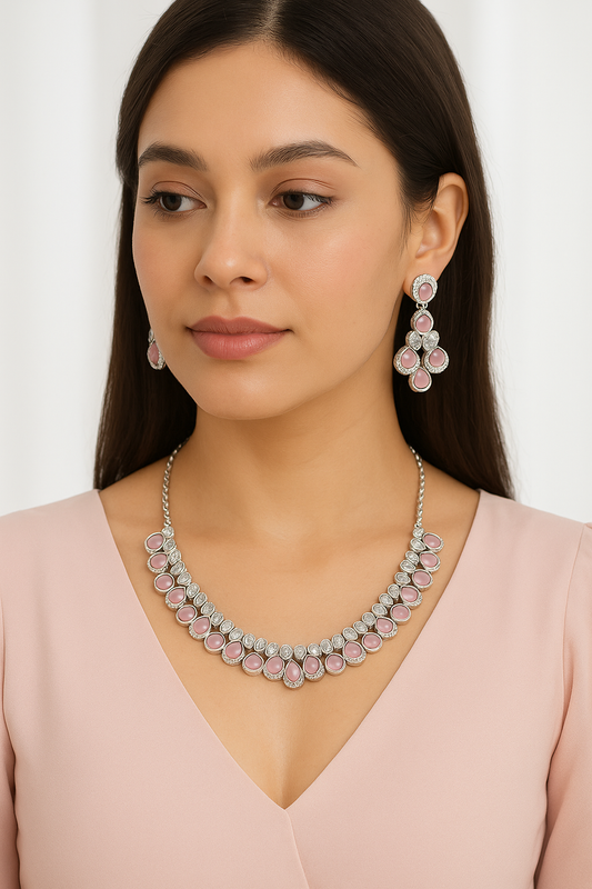 Chic Silver-Toned Pink Stone Necklace & Earrings Set with Teardrop Motifs