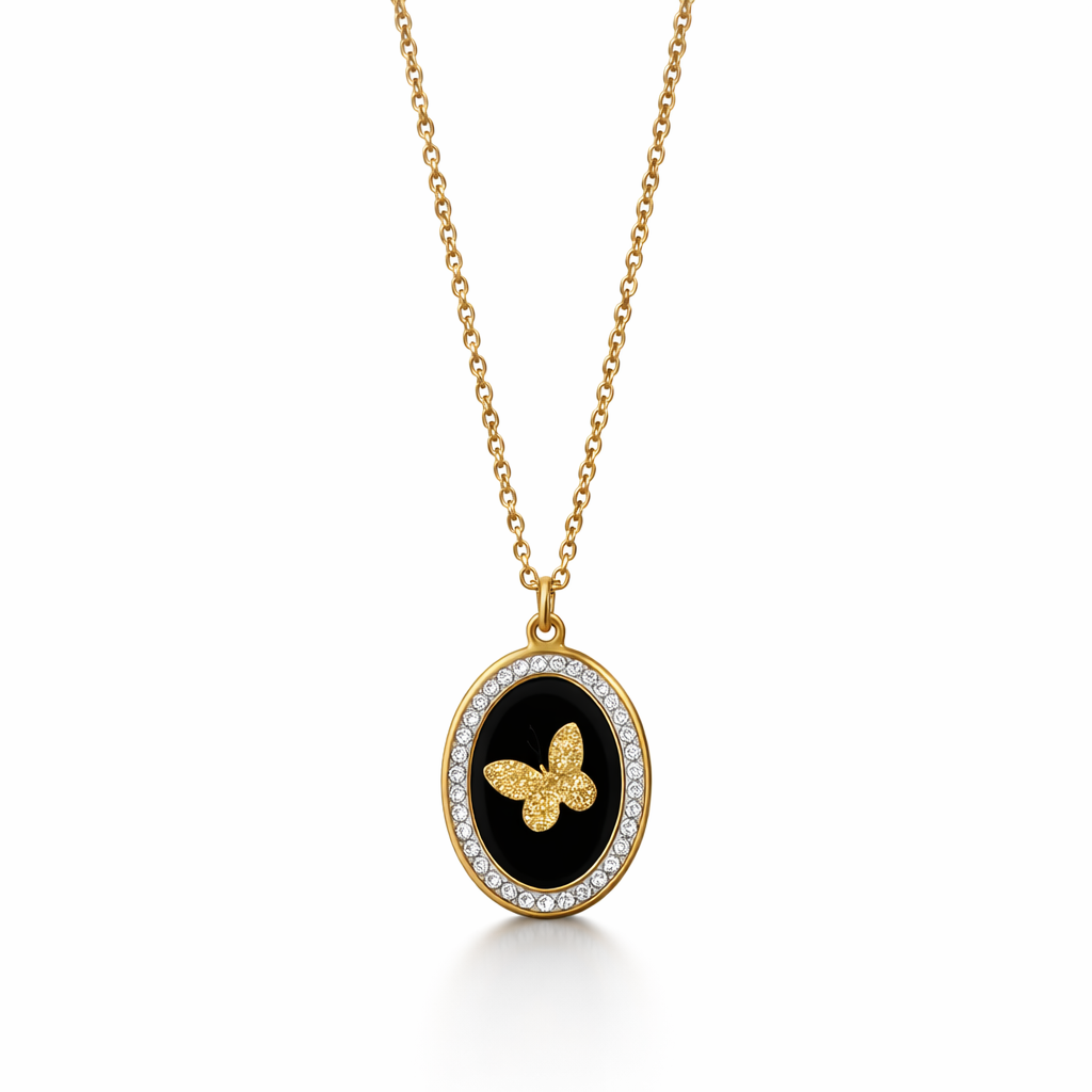 Gold-Plated Black Enamel Butterfly Pendant Necklace for Women – Crystal Border Oval Jewellery