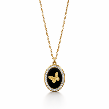 Gold-Plated Black Enamel Butterfly Pendant Necklace for Women – Crystal Border Oval Jewellery