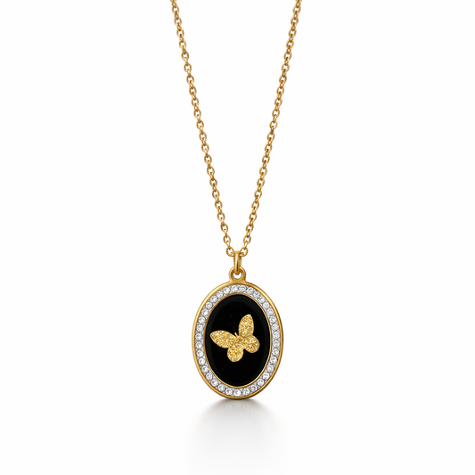 Gold-Plated Black Enamel Butterfly Pendant Necklace for Women – Crystal Border Oval Jewellery