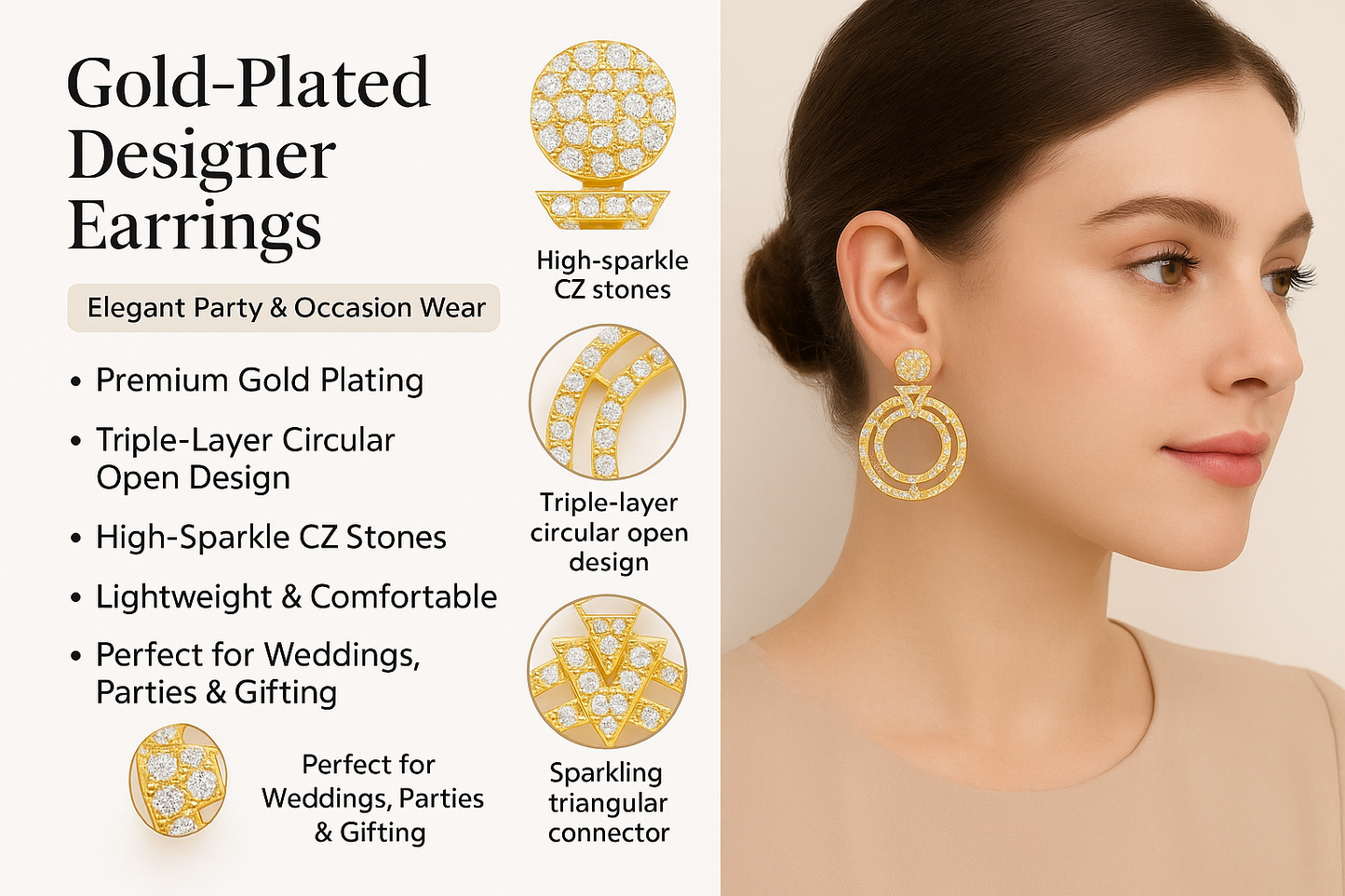 Gold-Plated CZ-Studded Circular Statement Earrings for Party & Occasion Wear