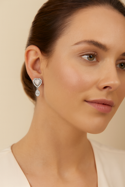 Silver-Plated Heart-Shaped CZ Stud Earrings with Oval Dangler