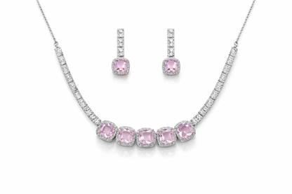 Silver-Plated Pink Crystal Necklace Set with Earrings – Luxury Diamond Look Bridal Jewellery