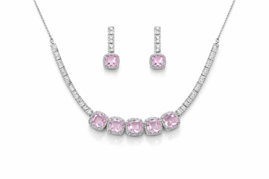 Silver-Plated Pink Crystal Necklace Set with Earrings – Luxury Diamond Look Bridal Jewellery