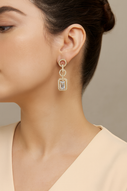 Rose-Gold Plated CZ Statement Drop Earrings with Geometric Link Design