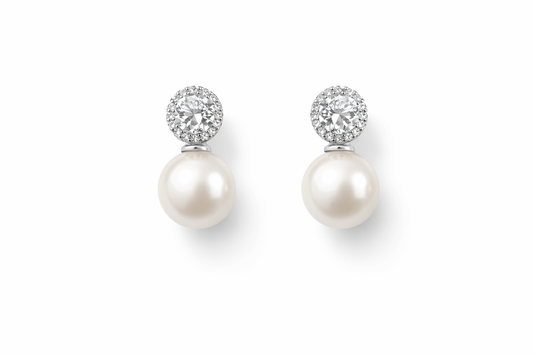 Silver-Plated Pearl Drop Earrings for Women – CZ Halo Stud Elegant Jewellery
