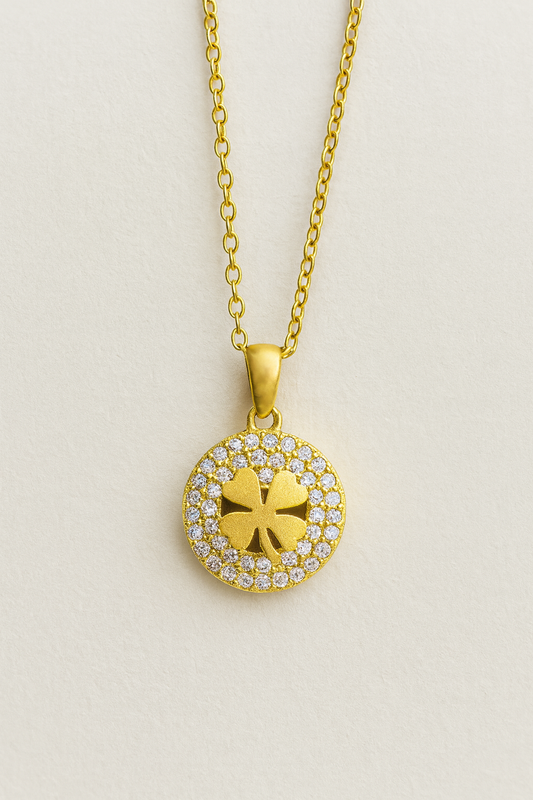 Gold-Plated Four-Leaf Clover Pendant Necklace with CZ Stone Halo