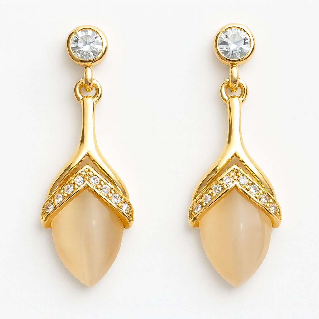 Gold-Plated Beige Stone Drop Earrings with CZ Stud Top