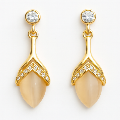 Gold-Plated Beige Stone Drop Earrings with CZ Stud Top