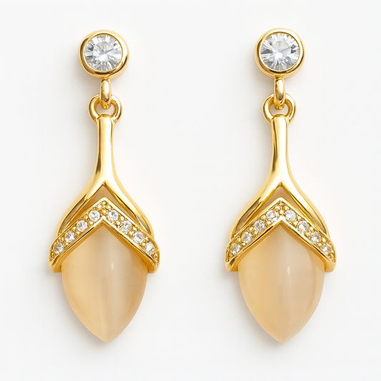 Gold-Plated Beige Stone Drop Earrings with CZ Stud Top