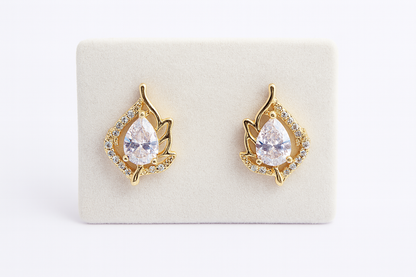 Gold-Plated Leaf-Design Stud Earrings with Teardrop CZ Center