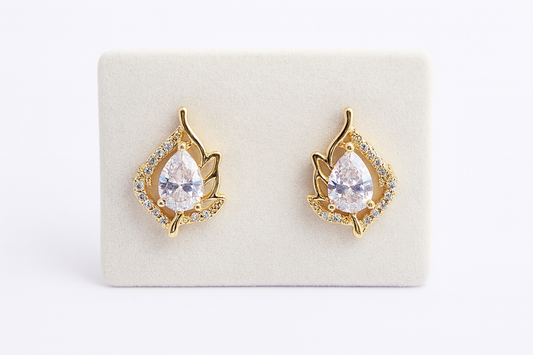 Gold-Plated Leaf-Design Stud Earrings with Teardrop CZ Center