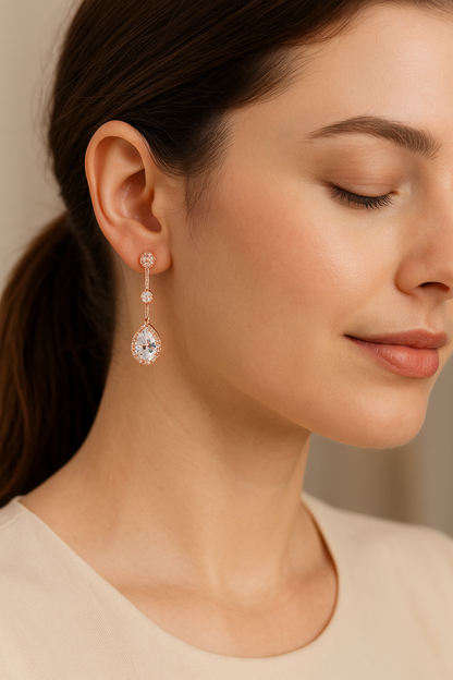 Rose Gold-Plated Linear Drop Earrings with Teardrop CZ Halo