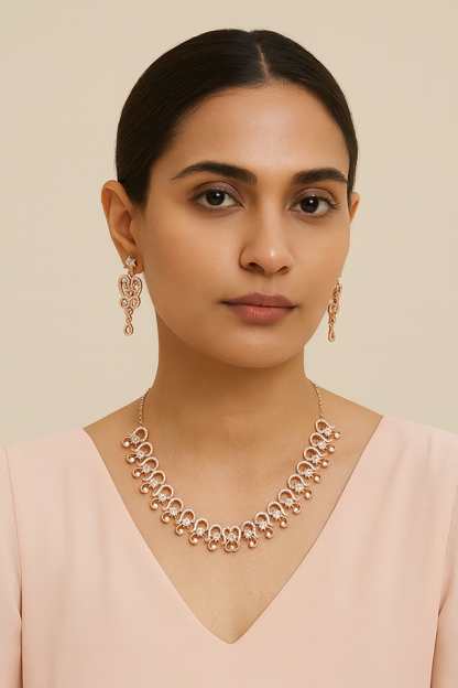 Antique Gold-Toned Floral Motif Necklace & Earrings Set with White Stone Detailing