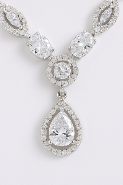 Graceful Silver-Toned CZ Diamond Necklace & Earrings Set with Teardrop Pendant