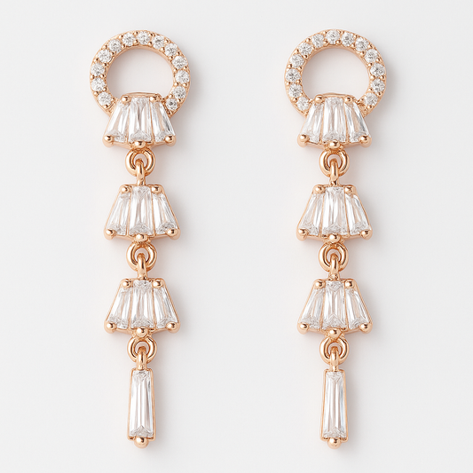 Rose-Gold Plated Linear Drop Earrings with Baguette CZ Stones