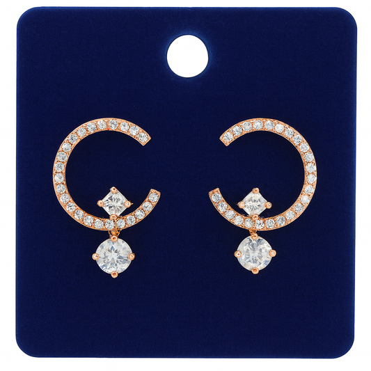 Rose Gold-Plated Crescent CZ Earrings with Geometric Drop Detailing