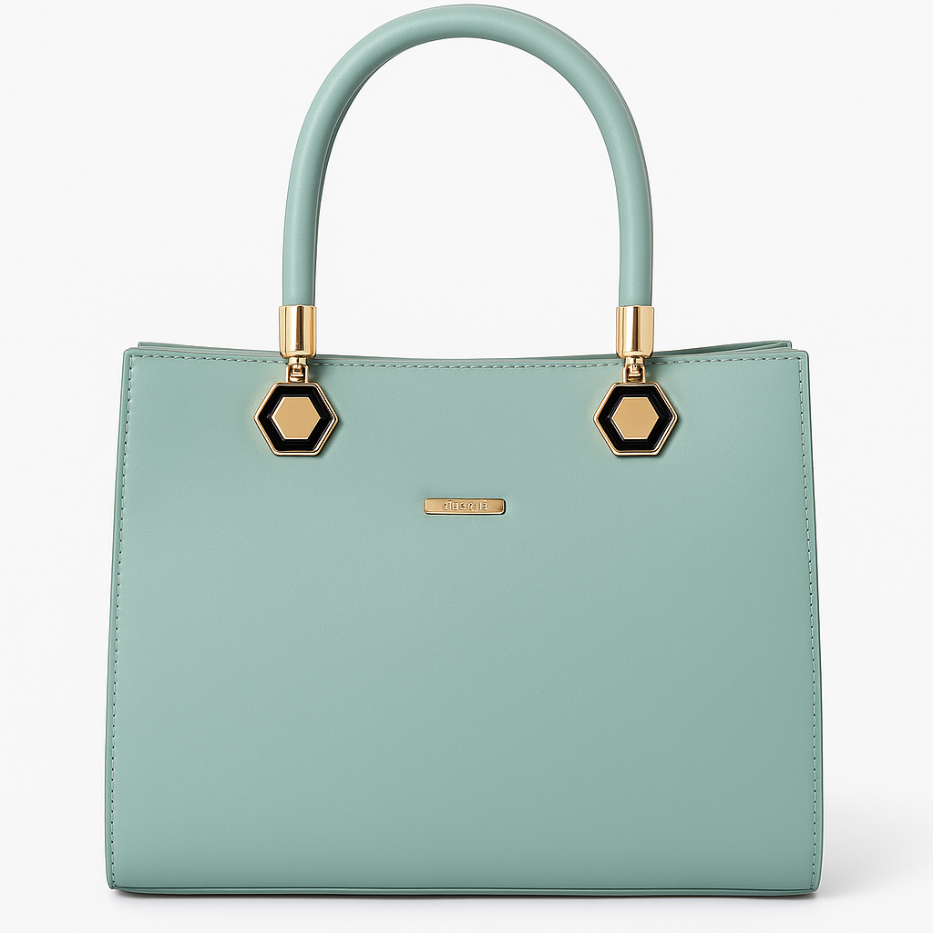 KATE Elegant Mint Green Structured Handbag with Gold Hexagon Handles – Premium Faux Leather Purse for Women