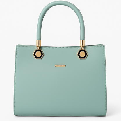 KATE Elegant Mint Green Structured Handbag with Gold Hexagon Handles – Premium Faux Leather Purse for Women