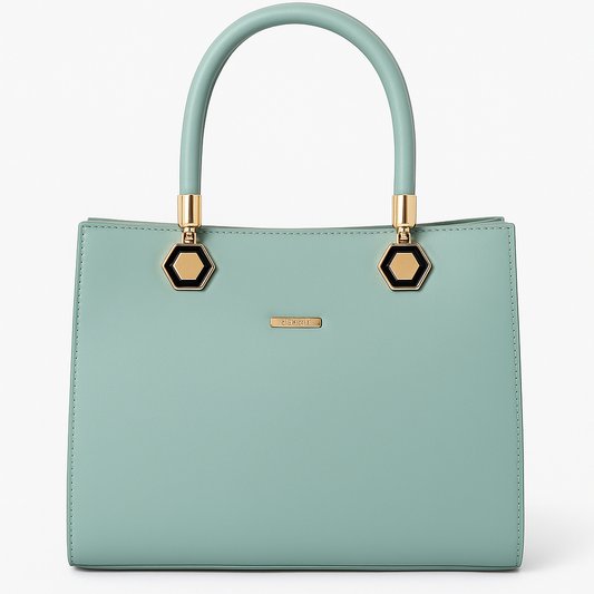KATE Elegant Mint Green Structured Handbag with Gold Hexagon Handles – Premium Faux Leather Purse for Women