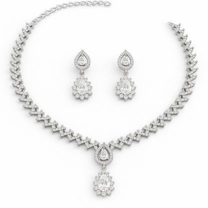 Classic Rhodium-Plated Diamond Look Necklace & Earrings Set with Solitaire Drop Pendant