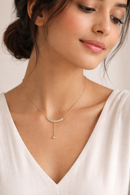 Gold-Plated CZ Curved Bar Y Necklace for Women – Elegant Drop Chain Pendant Jewellery