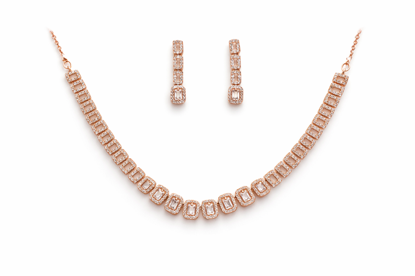 Rose Gold-Plated Geometric Crystal Necklace Set with Earrings – Luxury Diamond Look Jewellery