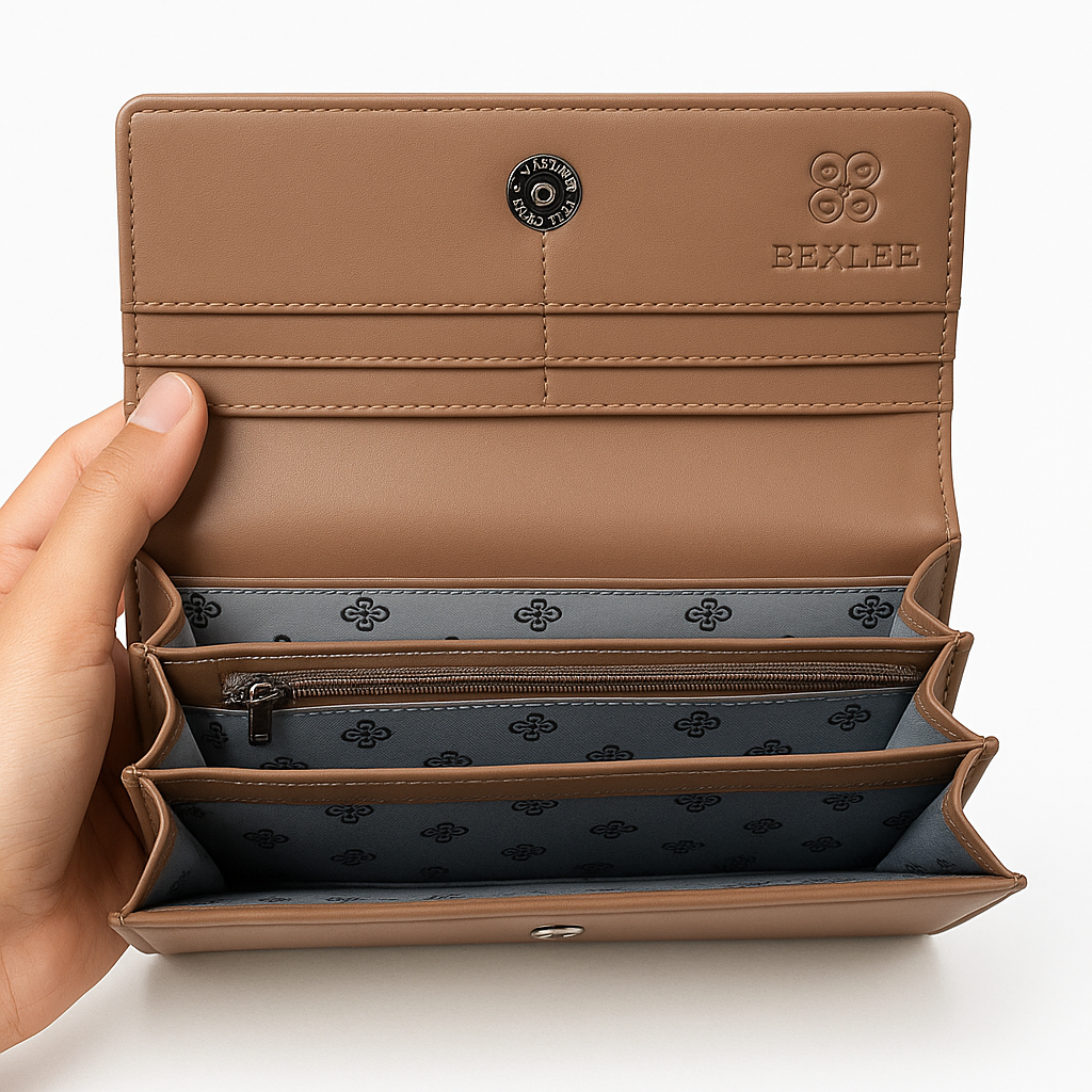 BEXLEE Women’s Premium Tan Wallet – Stylish Faux Leather Clutch with Multiple Compartments & Zipper Pocket