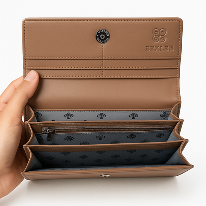 BEXLEE Women’s Premium Tan Wallet – Stylish Faux Leather Clutch with Multiple Compartments & Zipper Pocket