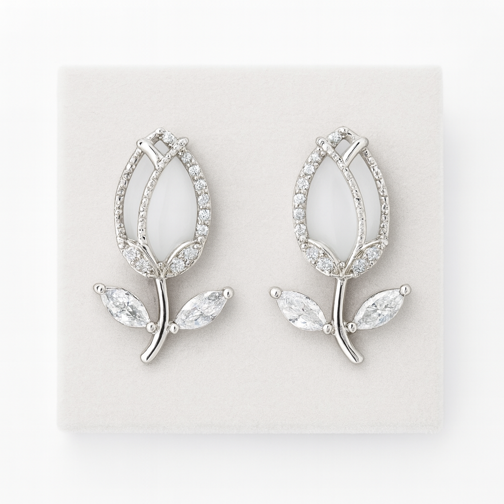 Silver-Plated Tulip Flower Stud Earrings with CZ Accents