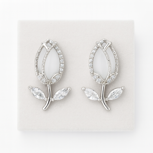 Silver-Plated Tulip Flower Stud Earrings with CZ Accents