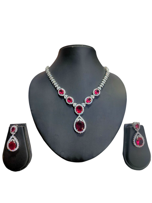 Radiant Ruby Red Stone Necklace & Earrings Set with Diamond Accents