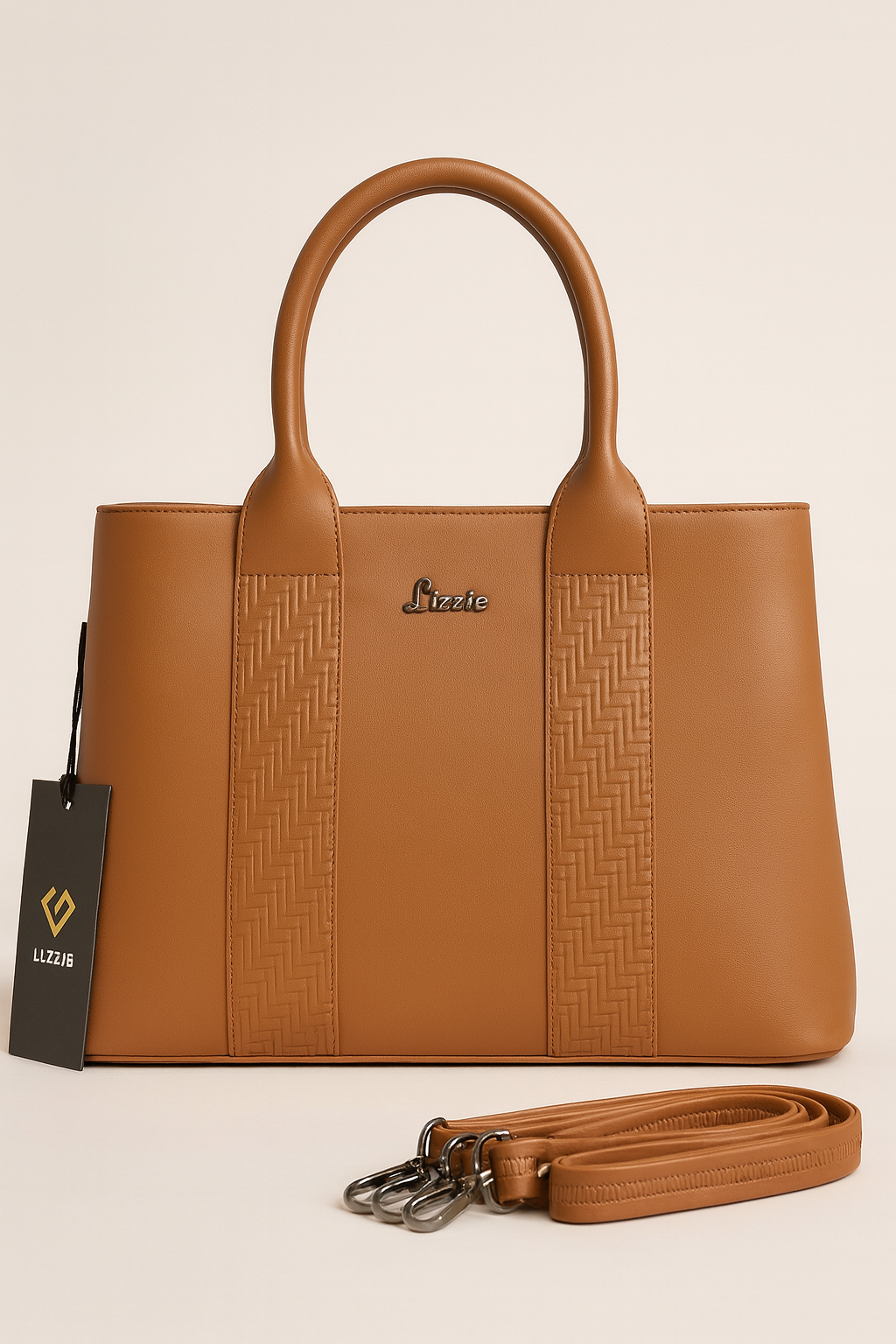 LIZZIE Tan Textured Panel Faux Leather Handbag – With Detachable Sling Strap