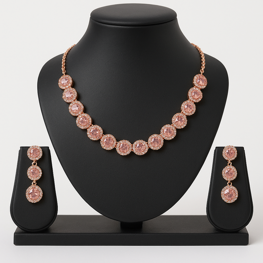 Elegant Rose Gold-Plated Pink CZ Necklace & Earrings Set with Round Halo Design