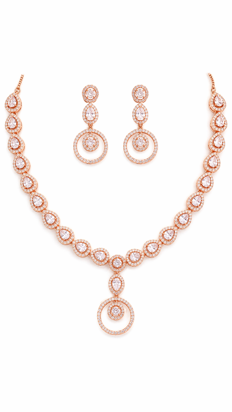 Rose Gold Plated Teardrop Crystal Necklace Set with Earrings – Premium Bridal Wedding Jewellery