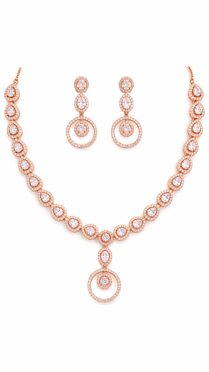 Rose Gold Plated Teardrop Crystal Necklace Set with Earrings – Premium Bridal Wedding Jewellery