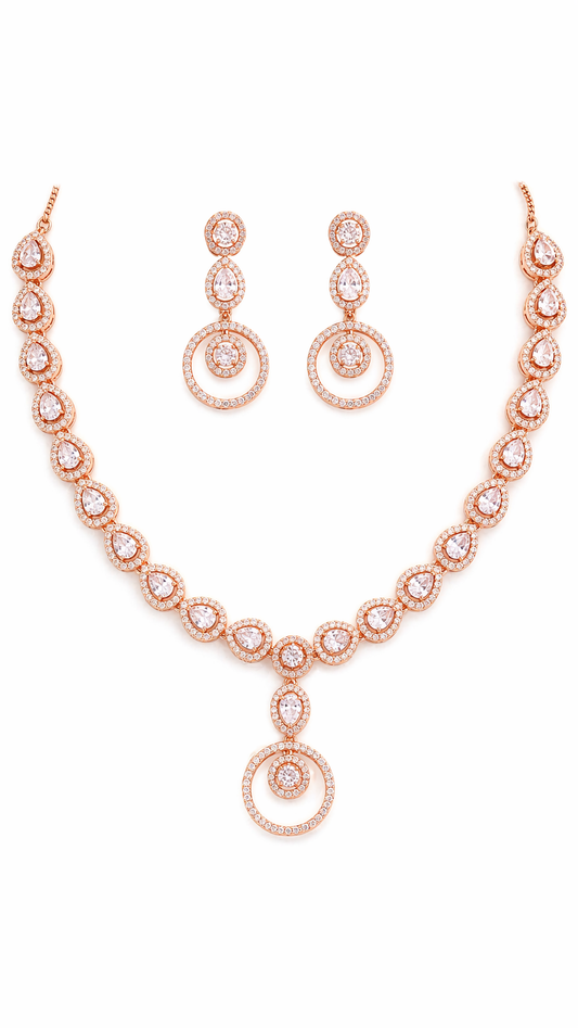 Rose Gold Plated Teardrop Crystal Necklace Set with Earrings – Premium Bridal Wedding Jewellery