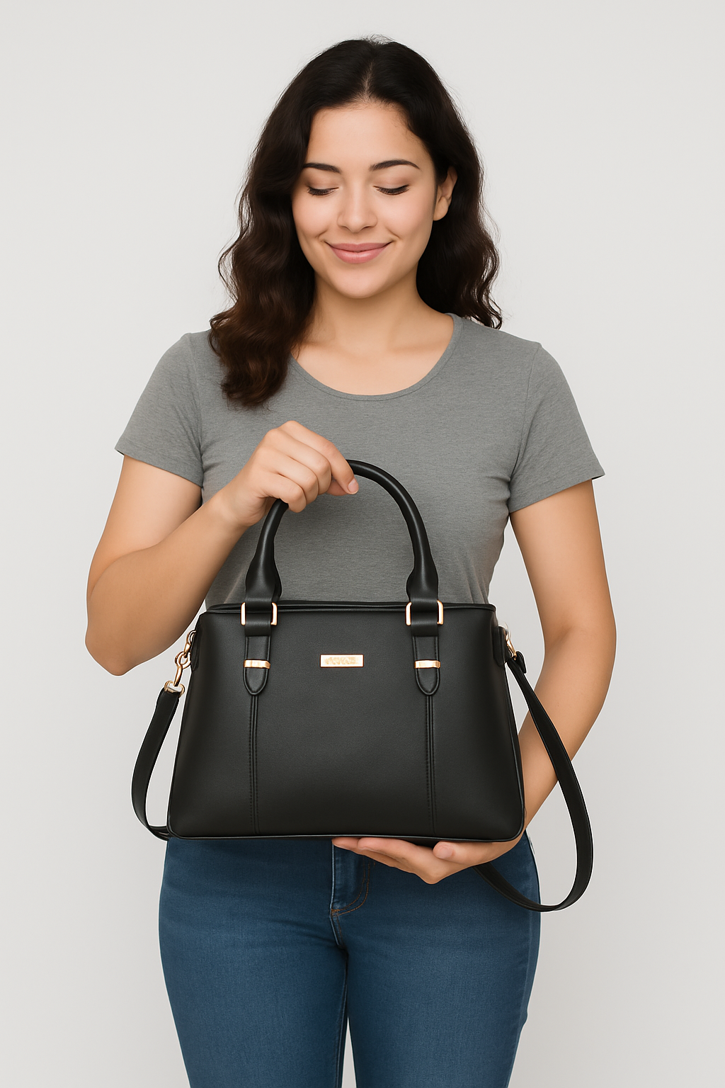 KATE Elegant Black Structured Faux Leather Handbag for Women | Top Handle & Sling Strap | Gold Hardware | Office, Casual, Travel Use