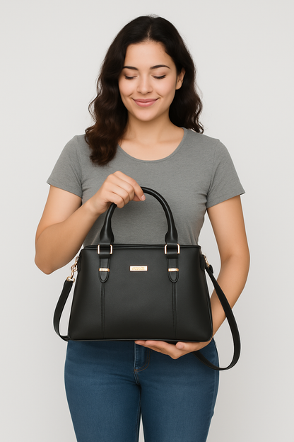 KATE Elegant Black Structured Faux Leather Handbag for Women | Top Handle & Sling Strap | Gold Hardware | Office, Casual, Travel Use