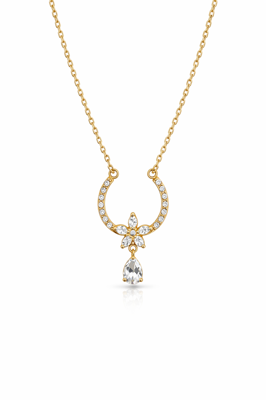 Gold-Plated Crescent Floral Pendant Necklace for Women – CZ Teardrop Dangler Jewellery