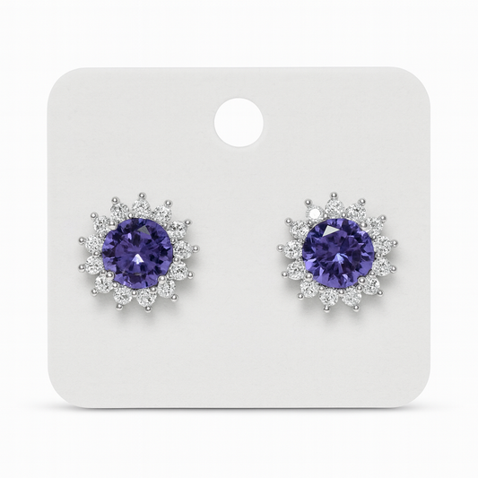 Platinum-Plated Purple CZ Stud Earrings with Halo of White Stones