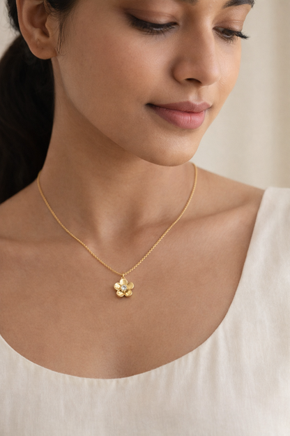 Gold-Plated Floral CZ Pendant Necklace for Women – Minimal Flower Design Jewellery