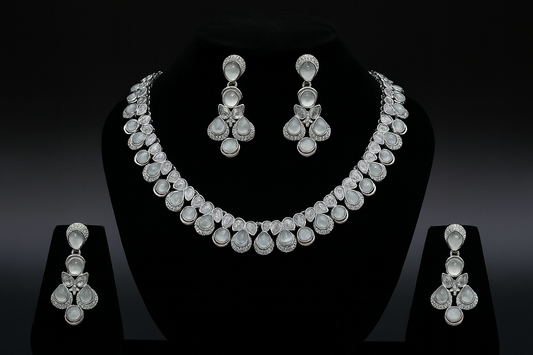 White Moonstone Teardrop Necklace & Earrings Set with Silver Finish
