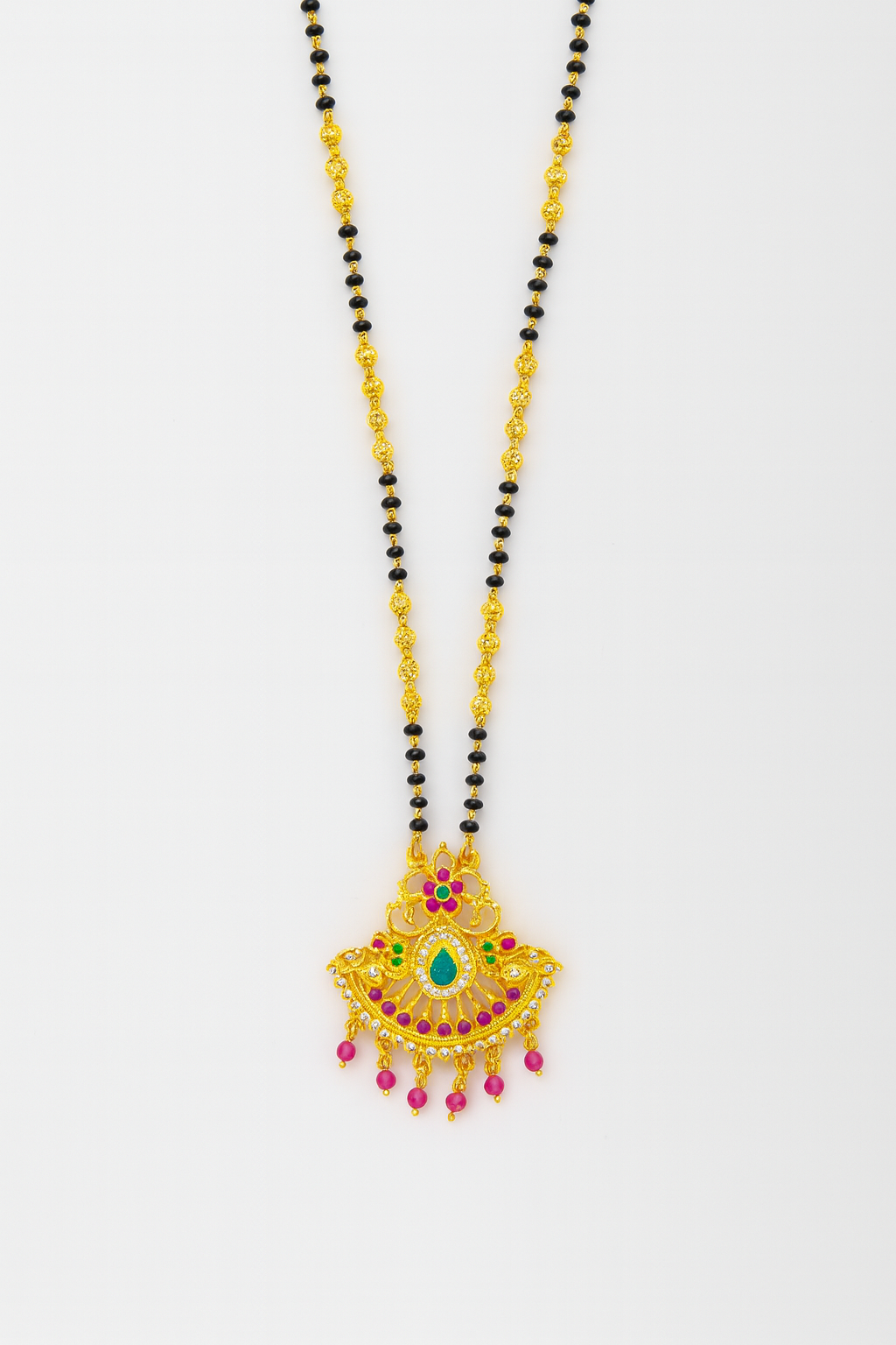 Gold-Plated Long Double-Strand Black Bead Mangalsutra with Green and Pink Stone Pendant
