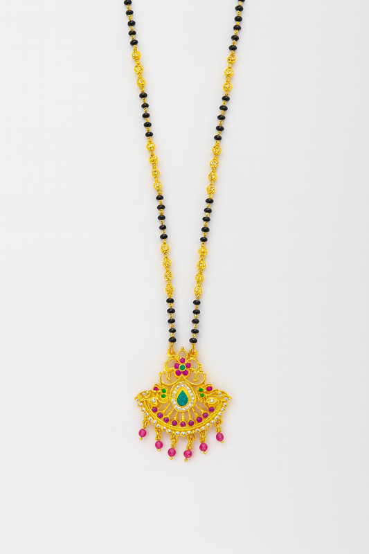 Gold-Plated Long Double-Strand Black Bead Mangalsutra with Green and Pink Stone Pendant