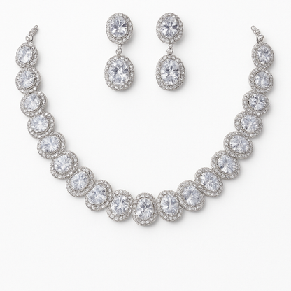 Glamorous Silver-Toned Oval CZ Necklace & Earrings Set with Double Halo Design