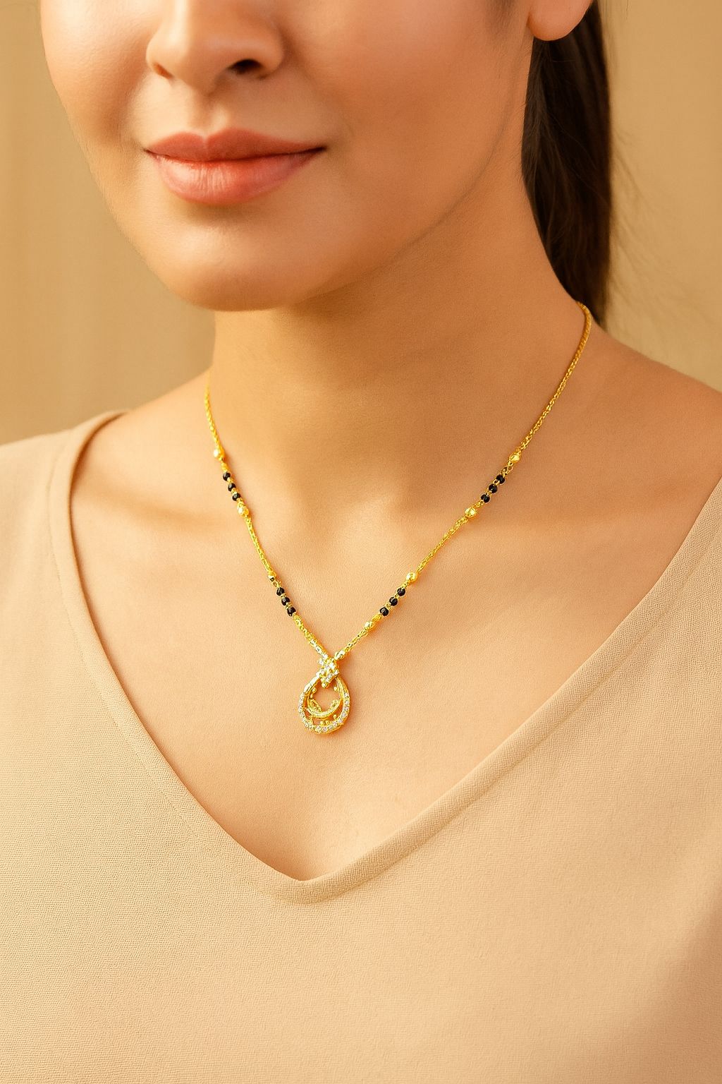 Elegant Gold-Plated Teardrop Mangalsutra with CZ Stones