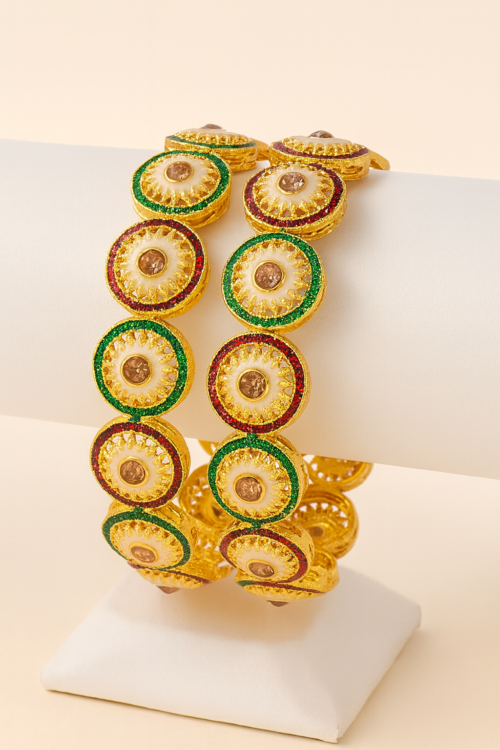 Gold-Plated Traditional Disc Enamel Bangles with Pearl Center – Bridal Kada Set for Women