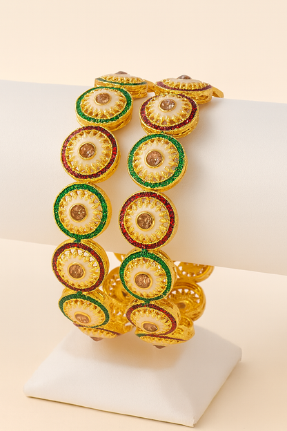 Gold-Plated Traditional Disc Enamel Bangles with Pearl Center – Bridal Kada Set for Women